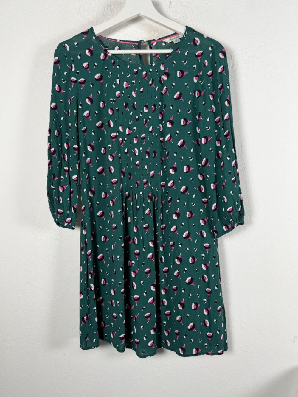 Boden Green Pink Floral Pintuck Pleat Shift Tunic Dress 3/4 Sleeve Mini Size 4R